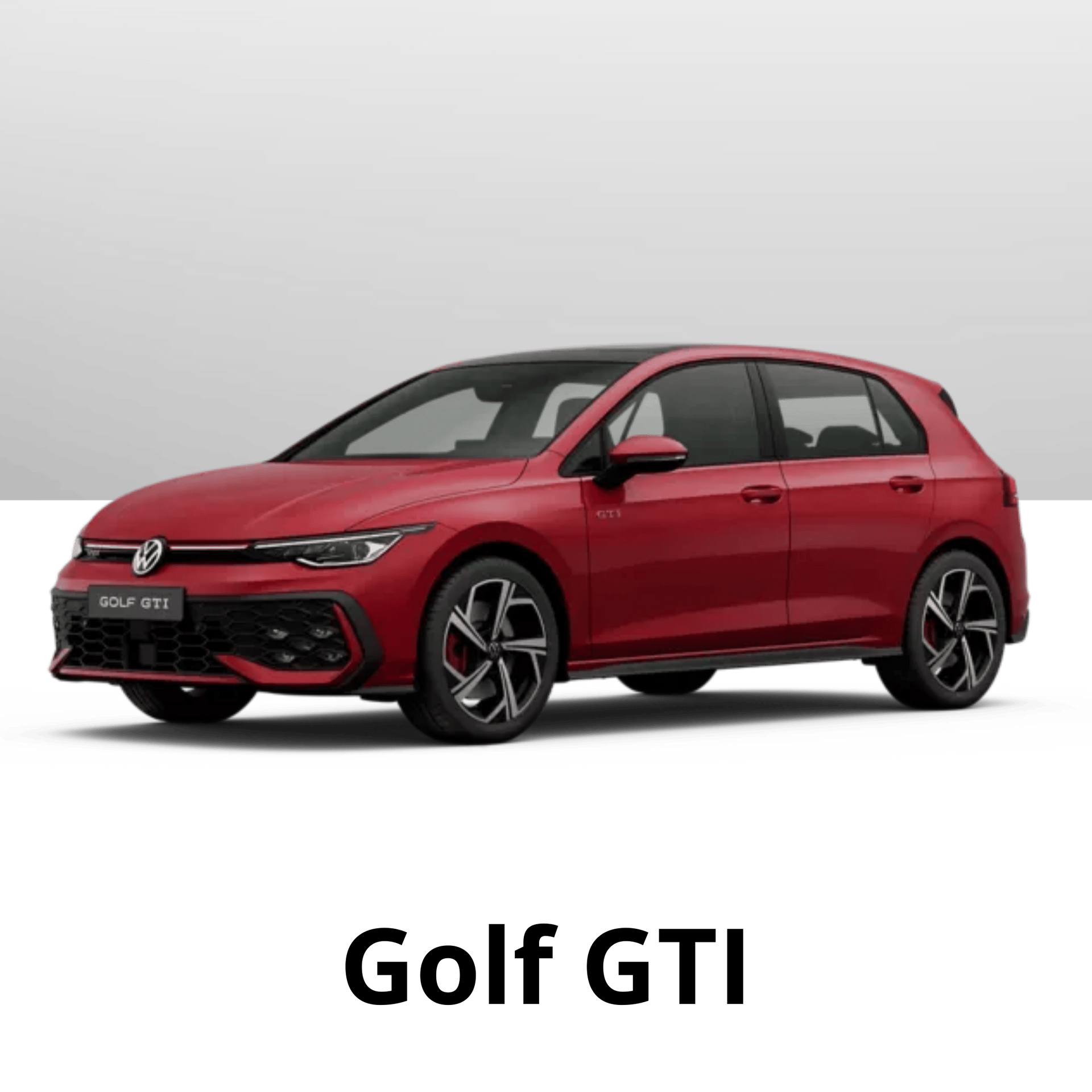 Um Volkswagen Golf GTI hatchback vermelho, visto de frente em um ângulo de três quartos, contra um fundo cinza liso.