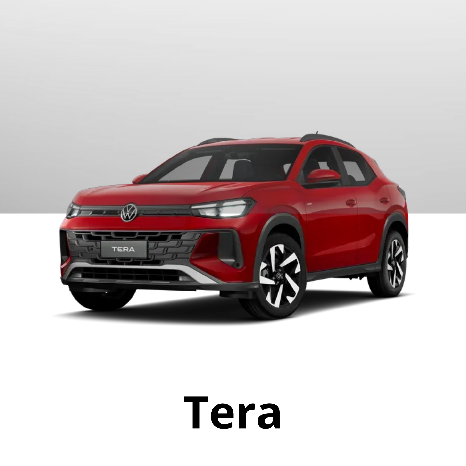 Um SUV Volkswagen Tera vermelho brilhante visto de frente, em um ângulo de três quartos, contra um fundo cinza liso.