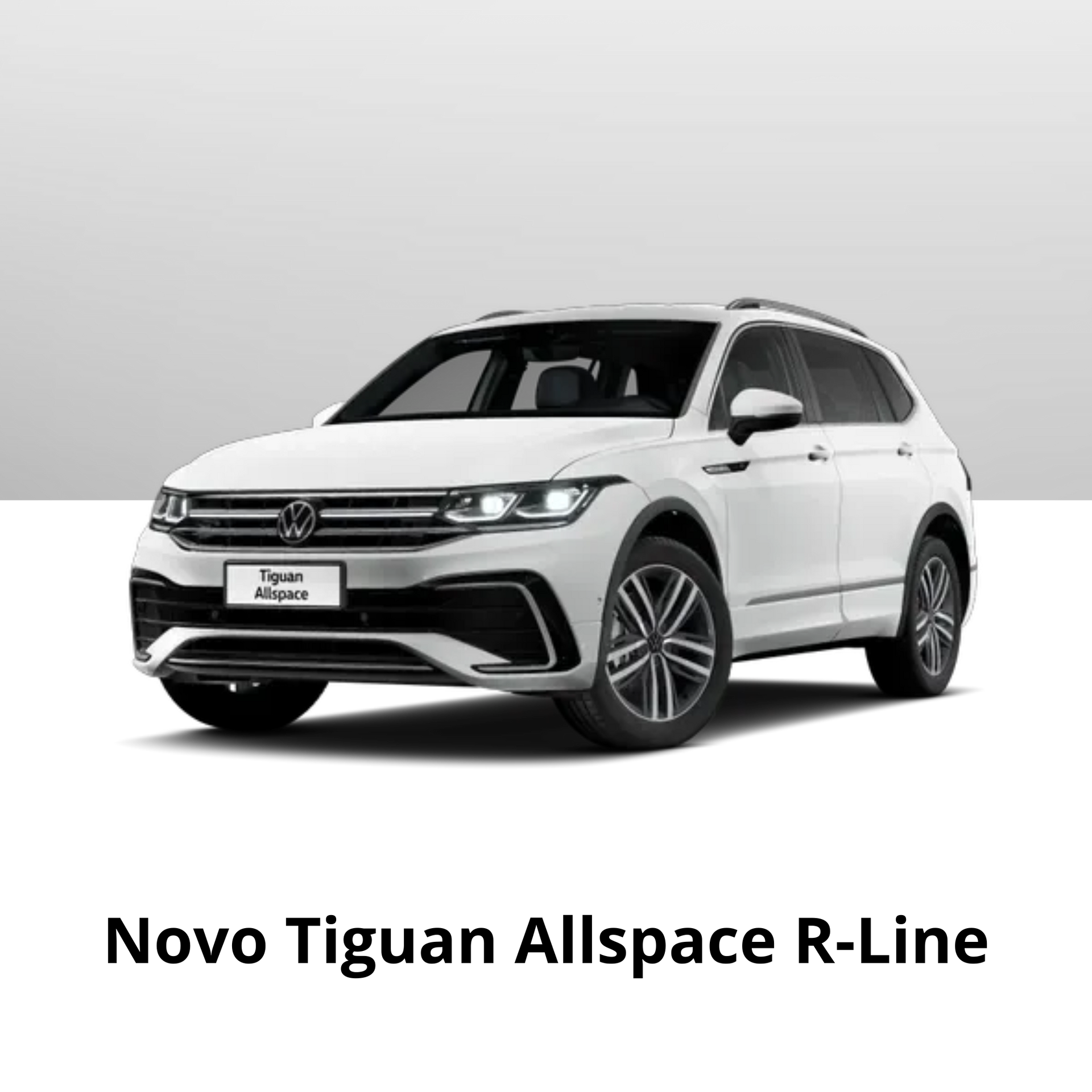 SUV Volkswagen Tiguan Allspace R-Line branco contra um fundo cinza.