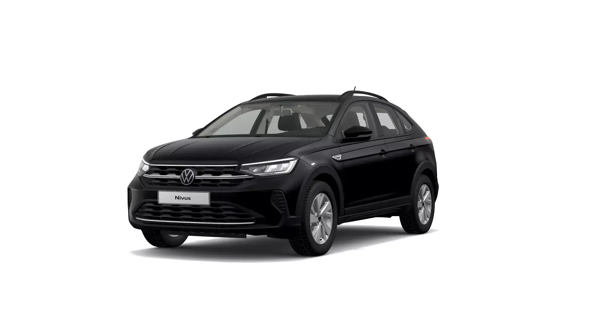 Um SUV Volkswagen Nivus preto, visto de frente, contra um fundo branco liso.