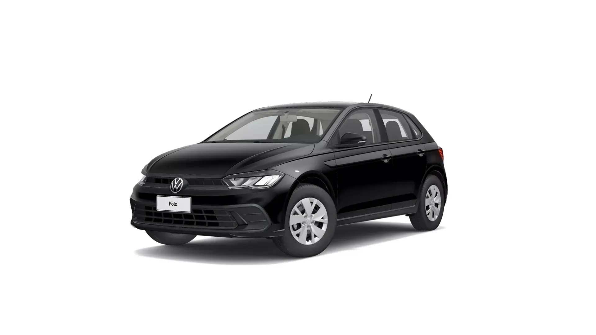 Um Volkswagen Polo hatchback preto estacionado contra um fundo branco liso.