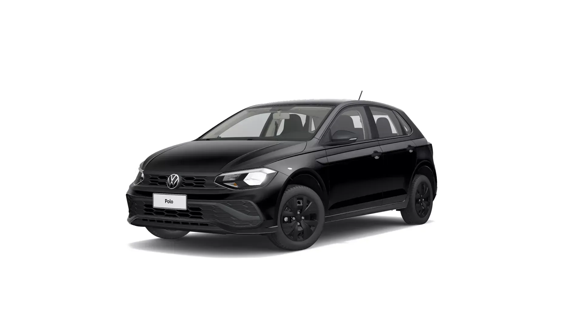 Um Volkswagen Polo hatchback preto estacionado contra um fundo branco liso.