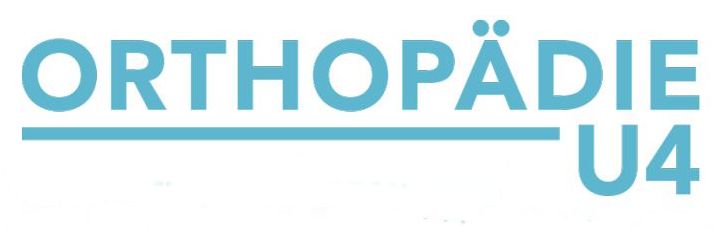 Ein blaues Logo für Orthopädie U4 auf weißem Hintergrund