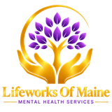 Lifeworks of Maine logo with gold hands holding a purple tree and the words “Mental Health Services”