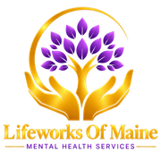 Lifeworks of Maine logo with gold hands holding a purple tree and the words “Mental Health Services”