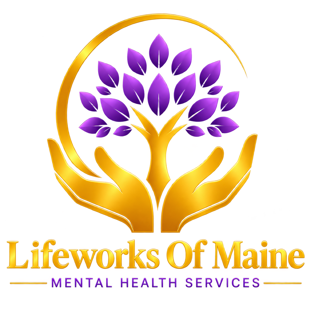 Lifeworks of Maine logo with gold hands holding a purple tree and the words “Mental Health Services”
