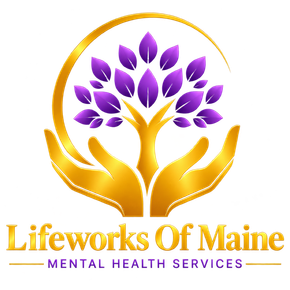 Lifeworks of Maine logo with gold hands holding a purple tree and the words “Mental Health Services”
