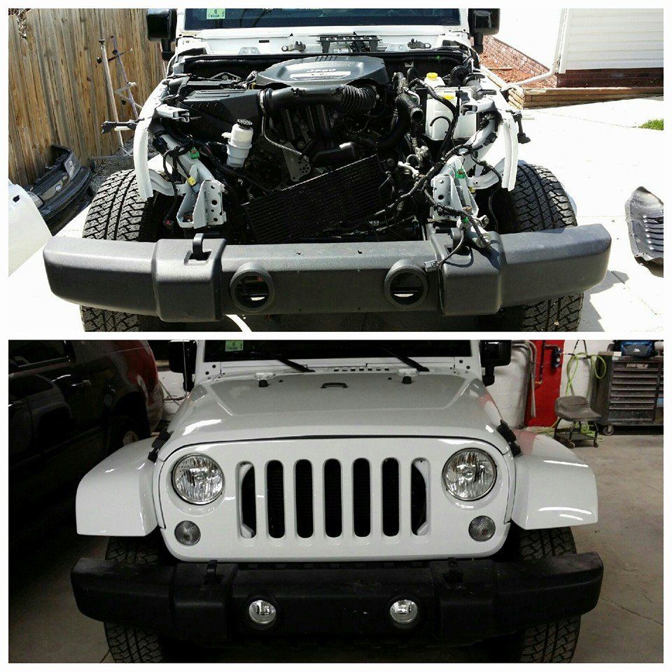 White Jeep front with hood removed, showing engine bay in a driveway; front and exposed engine views stacked vertically