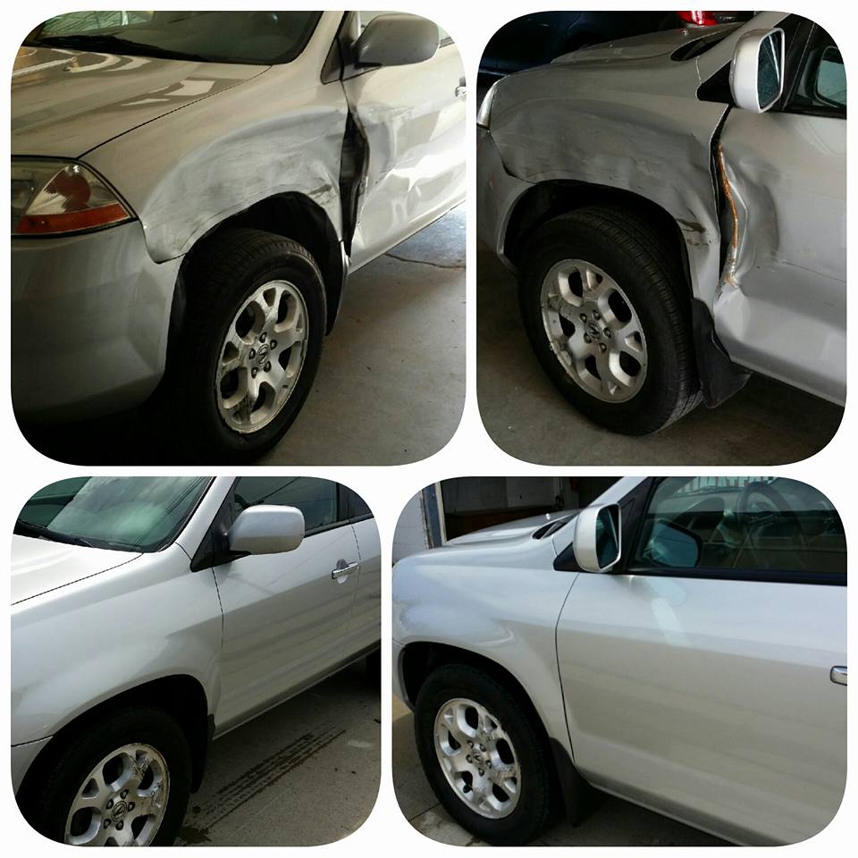 White SUV with a crushed front-left fender and side damage, shown in four views.