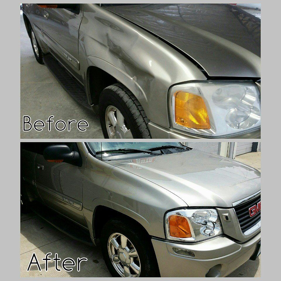 Before-and-after of a silver SUV’s front fender and bumper repair, showing bodywork improvement