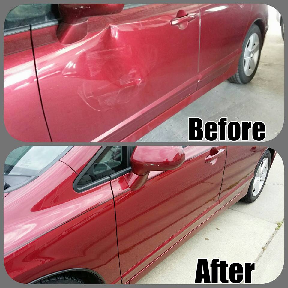 Red car door before and after paint correction, showing scratched panel and glossy restored finish.