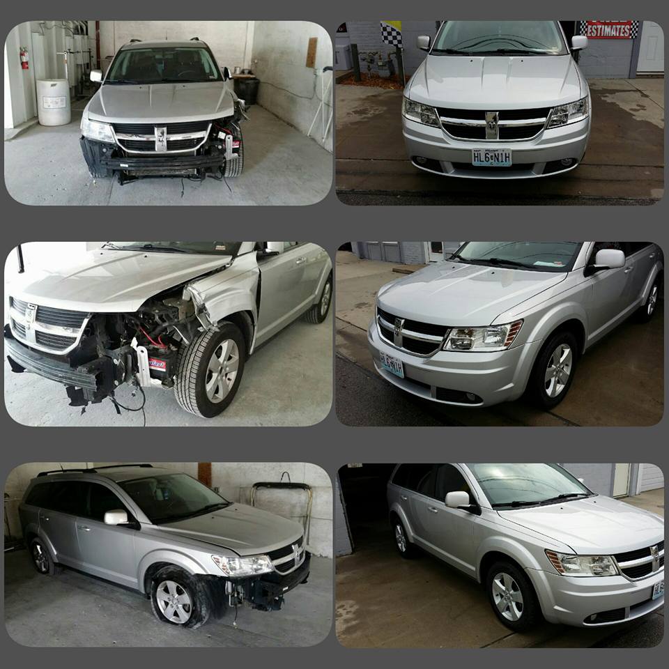 Six photos of a silver SUV showing front and side views, with some panels removed after body repair