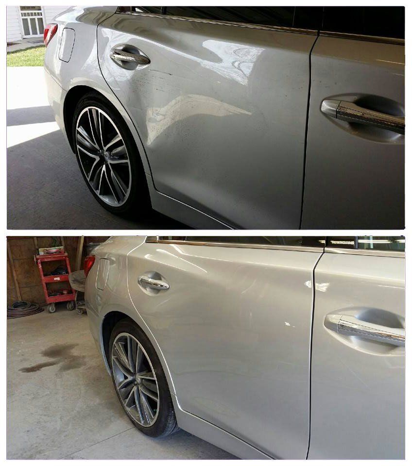 Silver car side panel before and after repair, showing scratches removed in garage