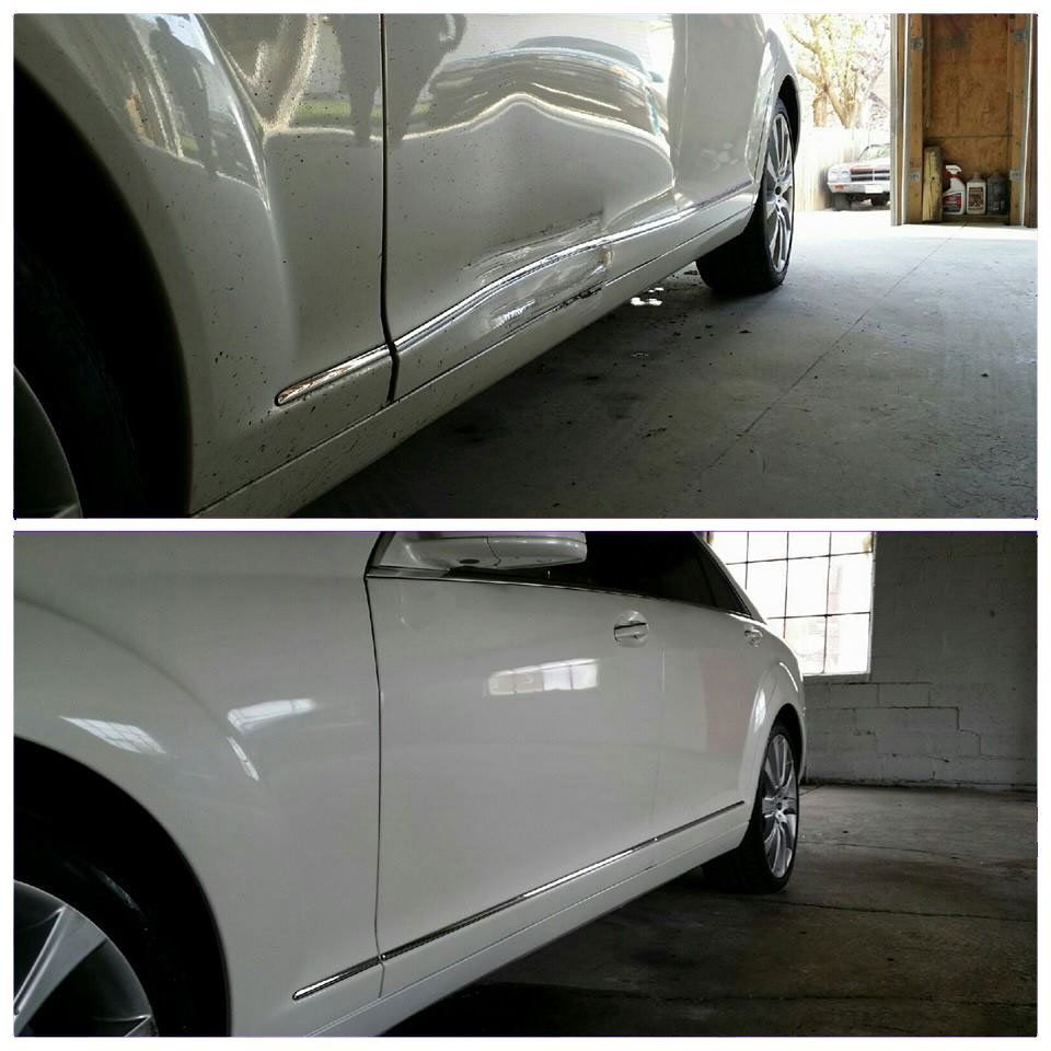 Two views of a white car’s lower side panels in a garage, showing a thin black trim line.