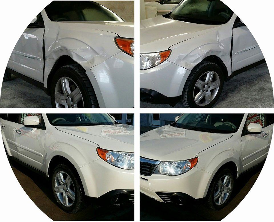 Four views of a white SUV’s front and side in a garage or showroom.
