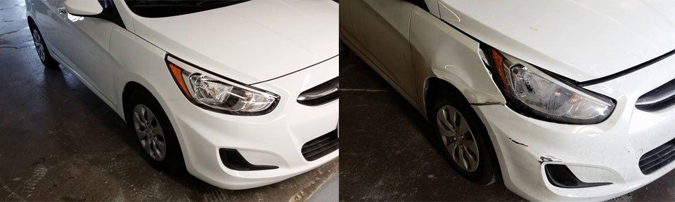Side-by-side views of a white car’s front end with visible bumper and headlight damage.
