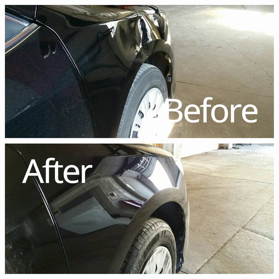 Car body panel before and after repair, showing a black vehicle with a dent fixed.