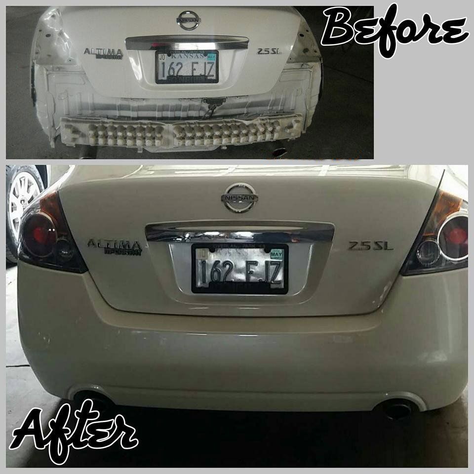 Before-and-after rear view of a beige Nissan Altima: dirty bumper cleaned and license plate fixed.