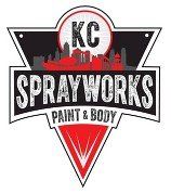 KC Sprayworks Paint & Body logo in black, white, and red with a stylized triangular badge.