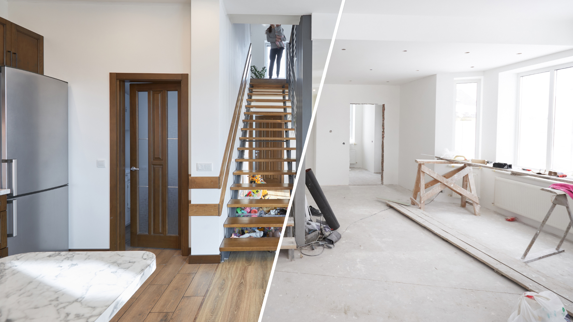 A before and after photo of a house under construction.