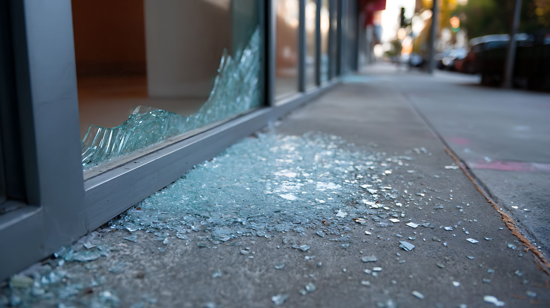 Broken storefront window glass shards scattered on the sidewalk outside a commercial building Broken storefront window glass shards scattered on the sidewalk outside a commercial building