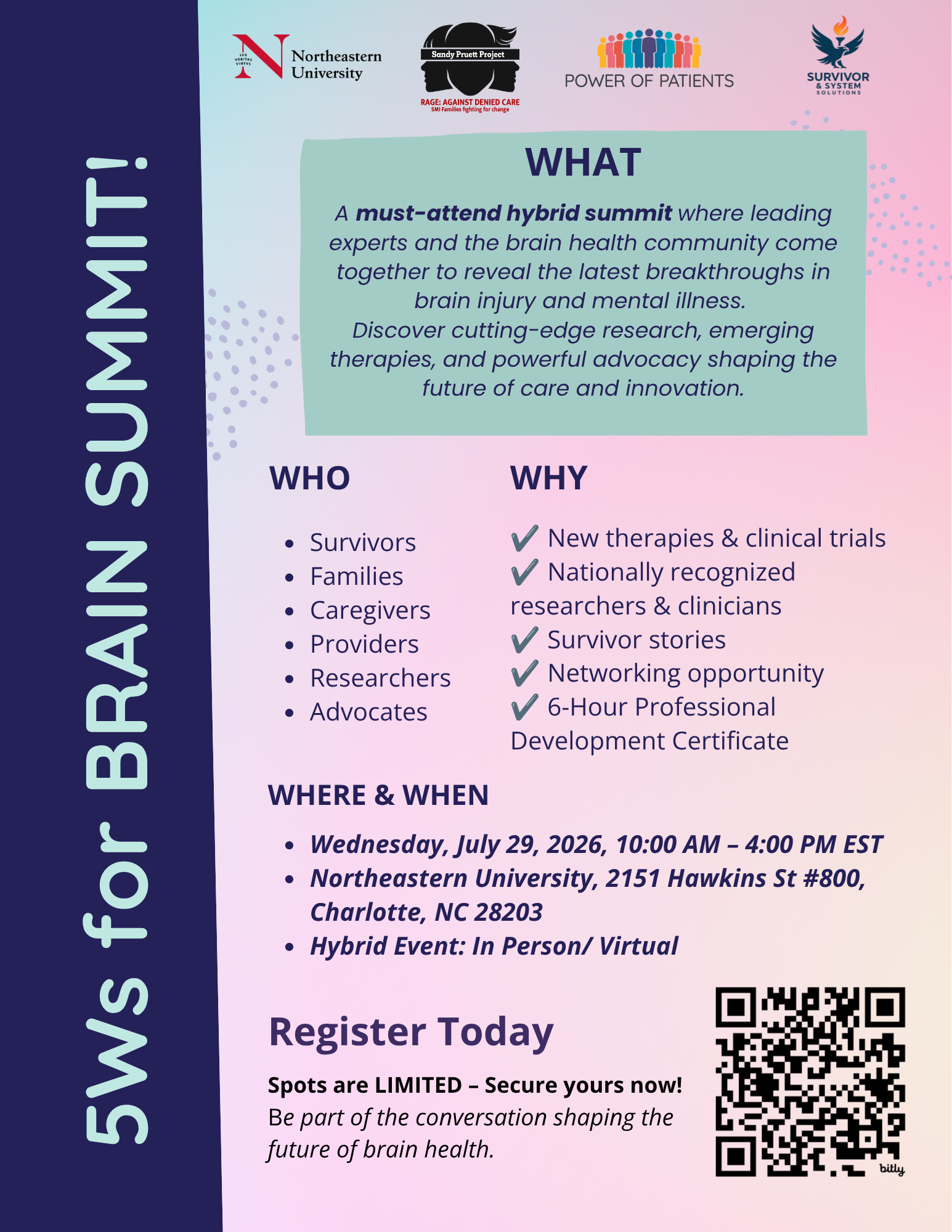 Brain Summit 2026 flyer explaining who, what, when, where, and why