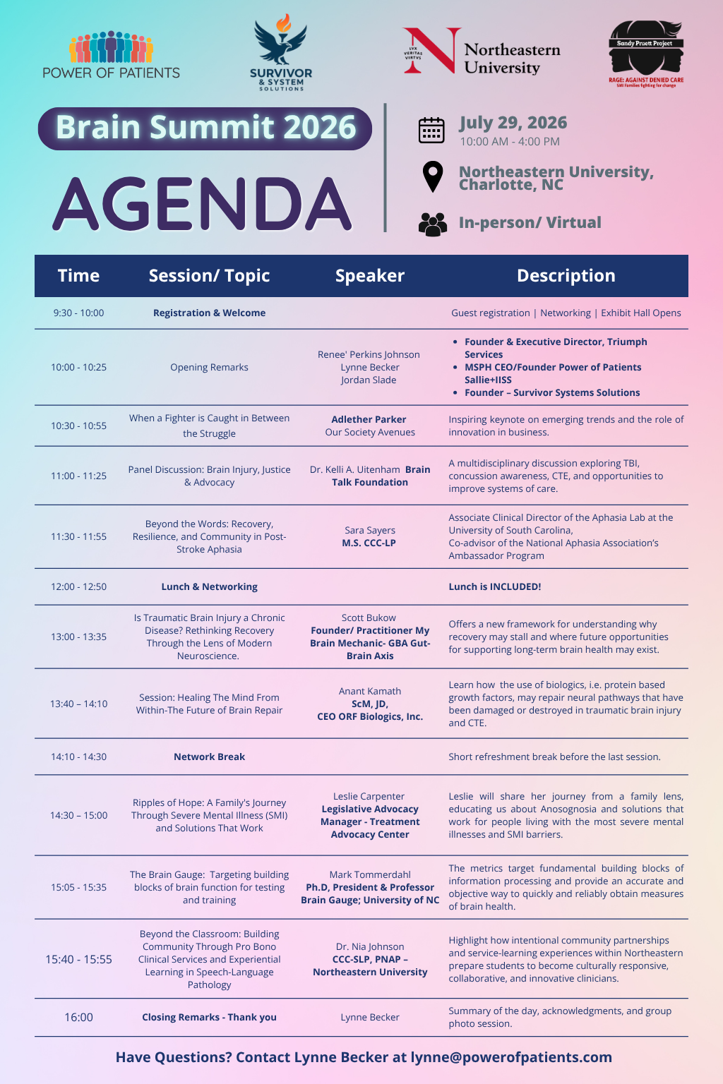Final agenda for Brain Summit 2026 at Northeastern University Charlotte