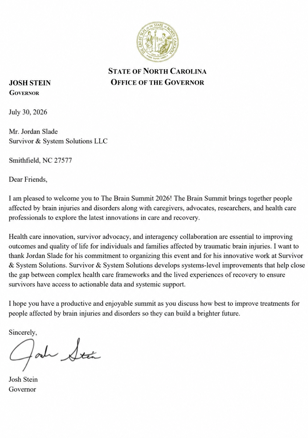 Letter from Governor Josh Stein recognizing Brain Summit 2026 and Survivor and System Solutions