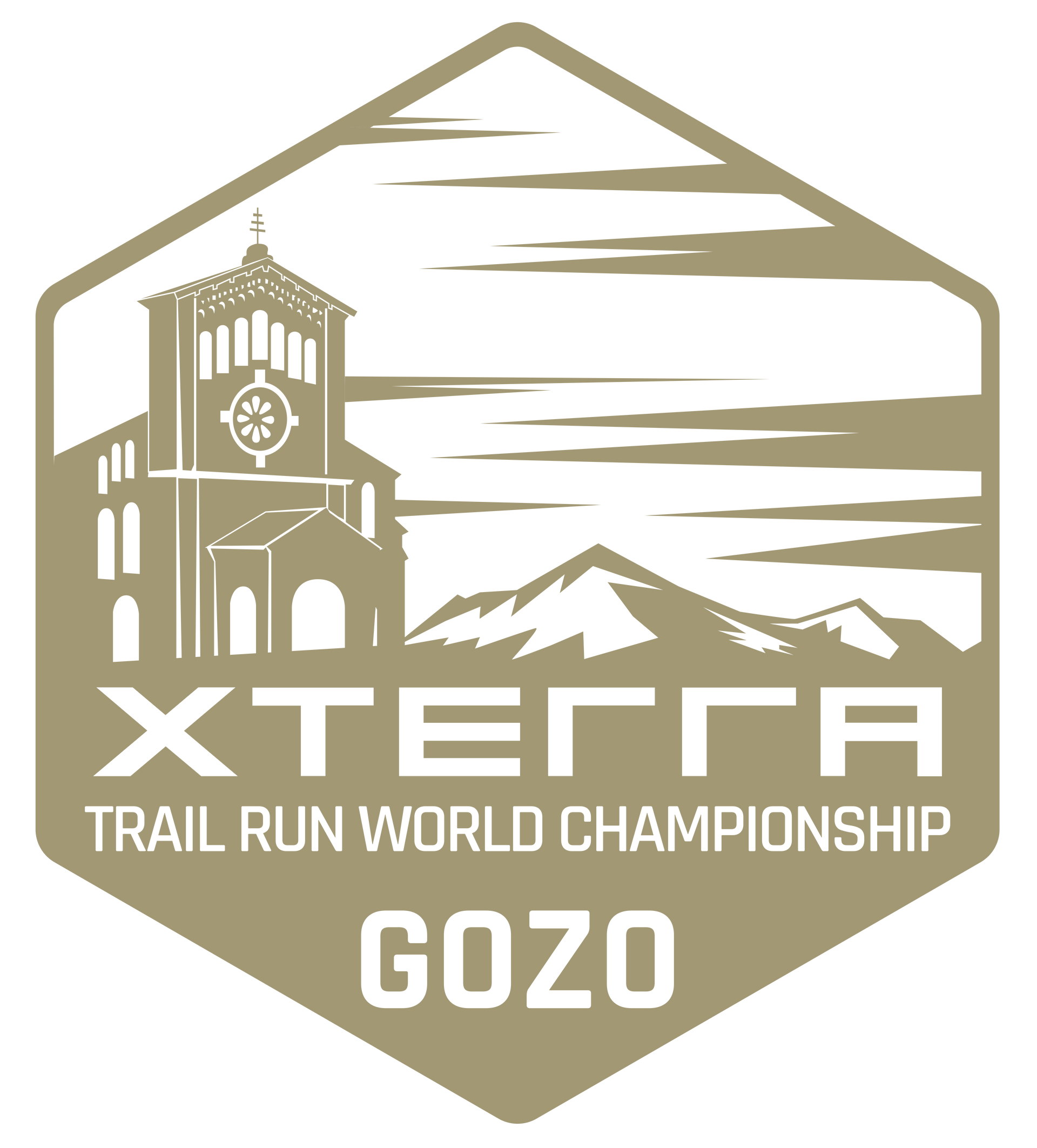 XTERRA Trail Run World Championship logo, golden color, features a church, mountains, and the text 