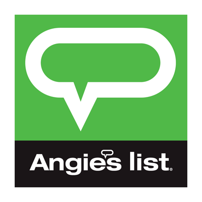 Angie's List logo: green square with white speech bubble and black footer with white text