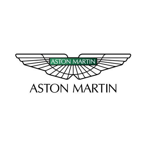 Aston Martin winged logo with green banner and black text on white background