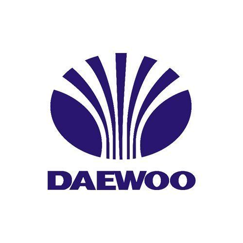 Daewoo logo in dark blue with stylized fan-shaped emblem above the wordmark