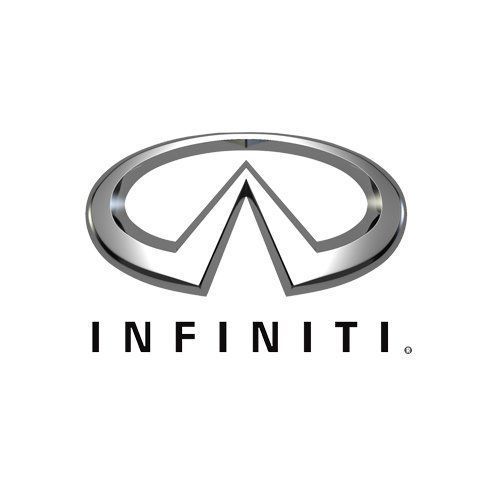 Infiniti logo in silver and black with the brand name below on a white background