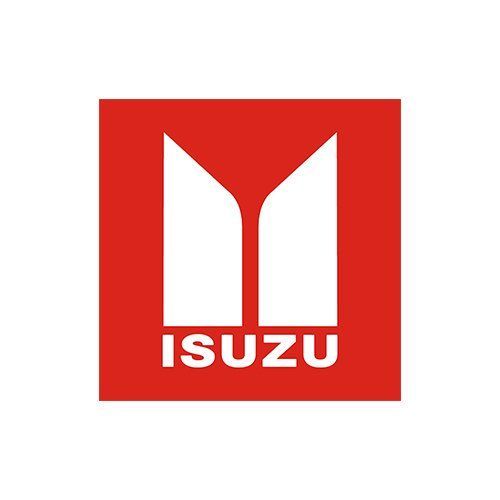 Isuzu logo: white emblem and text on a red square background