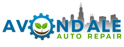 Avondale Auto Repair logo with blue and green text, gear icon, and city skyline silhouette