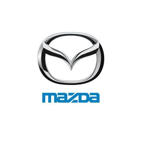 Mazda logo with silver emblem above blue &ldquo;mazda&rdquo; text on a white background