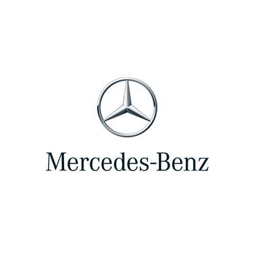 Mercedes-Benz logo with silver emblem and black text on a white background