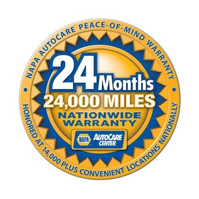 Blue and gold AutoCare warranty badge reading “24 Months, 24,000 Miles” and “Nationwide Warranty”