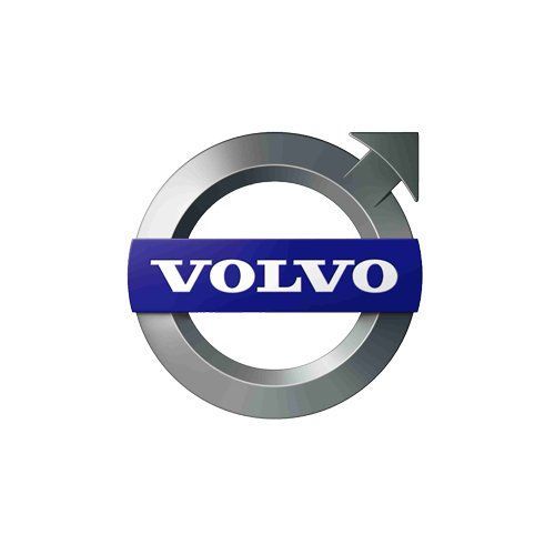Volvo logo: silver circle with arrow and blue wordmark on white background