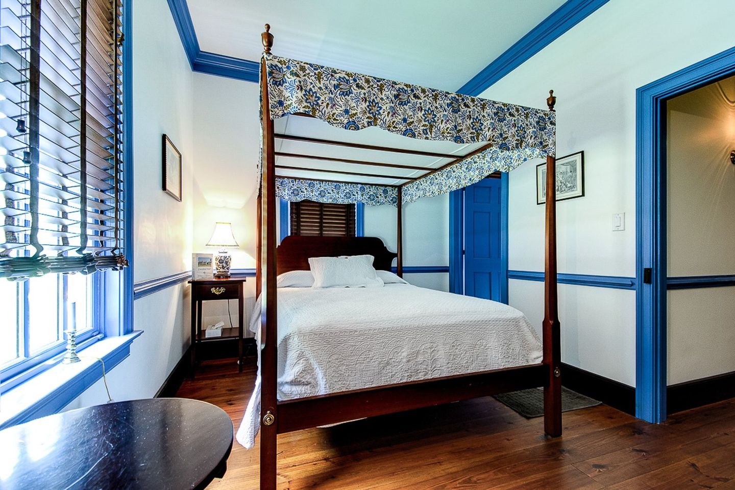 This is another photo of the canopy bed in the Blue Room at the Gracefield Hall BNB.