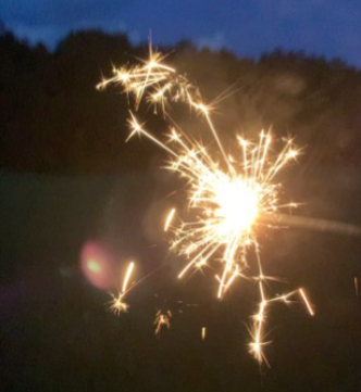 A sparkler is lit up in the dark with trees in the background