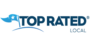 The logo for top rated local is blue and white with a blue flag.