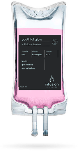 A bag of pink liquid with a black label on it.