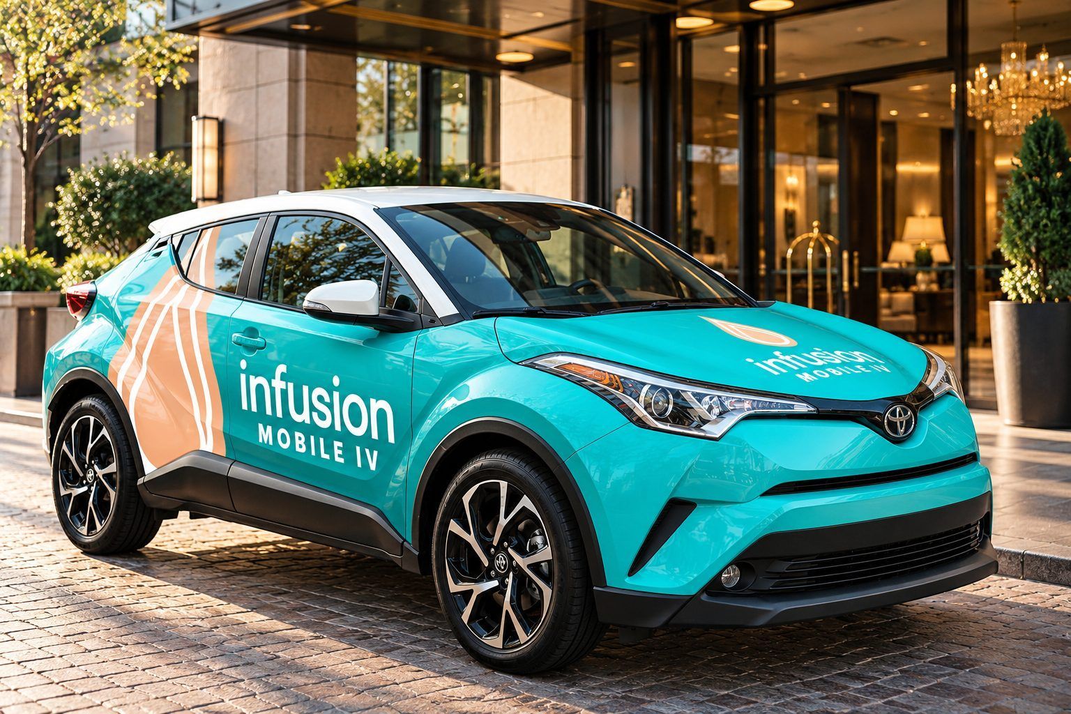 Infusion Mobile IV branded car parked outside a Denver hotel entrance for a guest visit