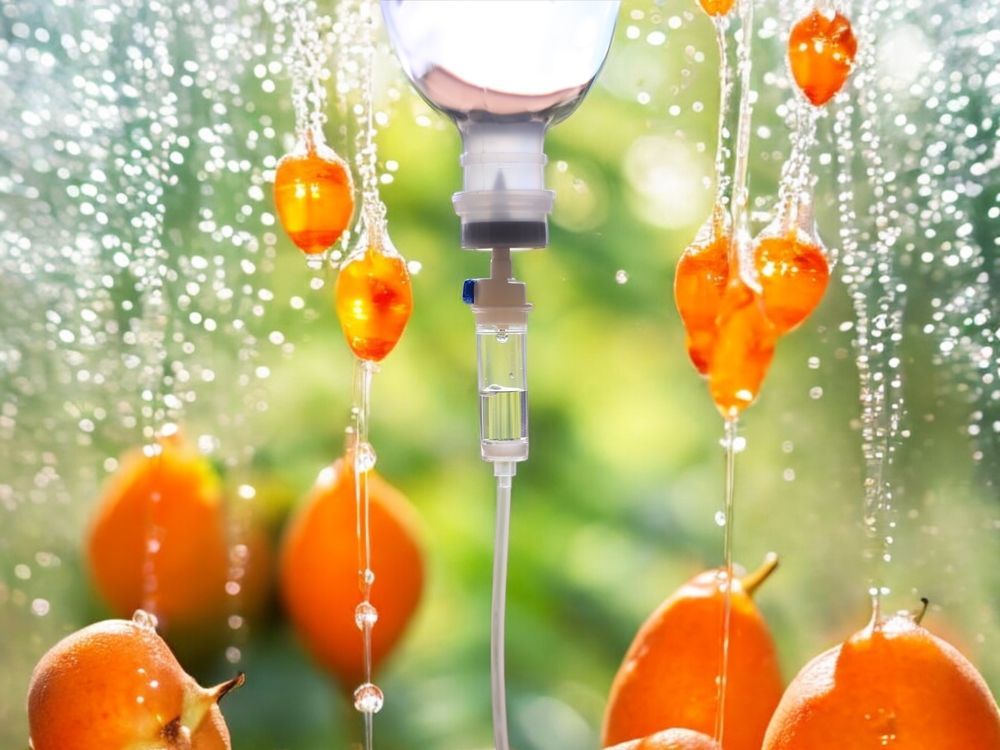 A bunch of oranges are being sprayed with water.
