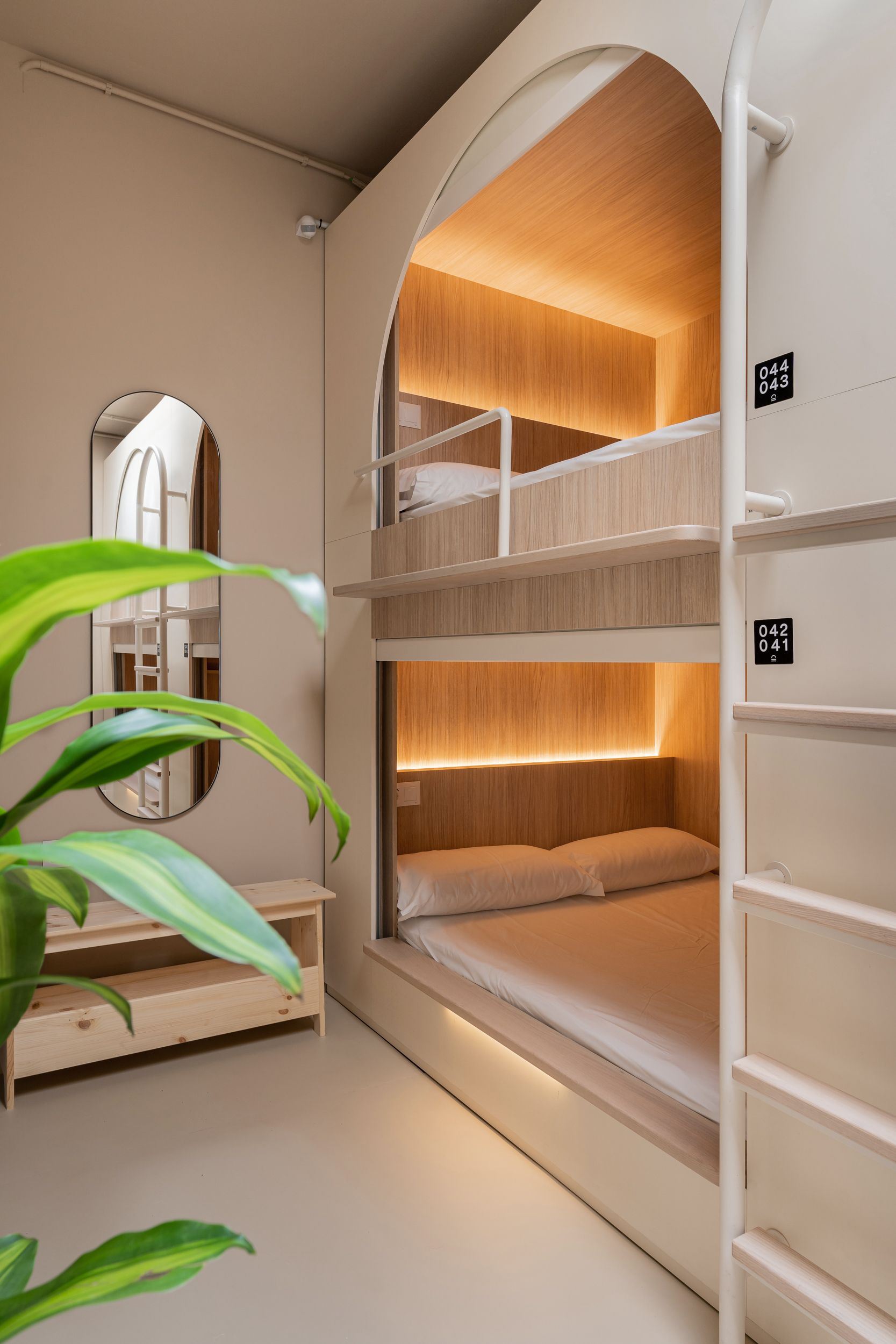 Habitación moderna con literas, iluminación cálida de madera, escalera blanca y una planta en primer plano.