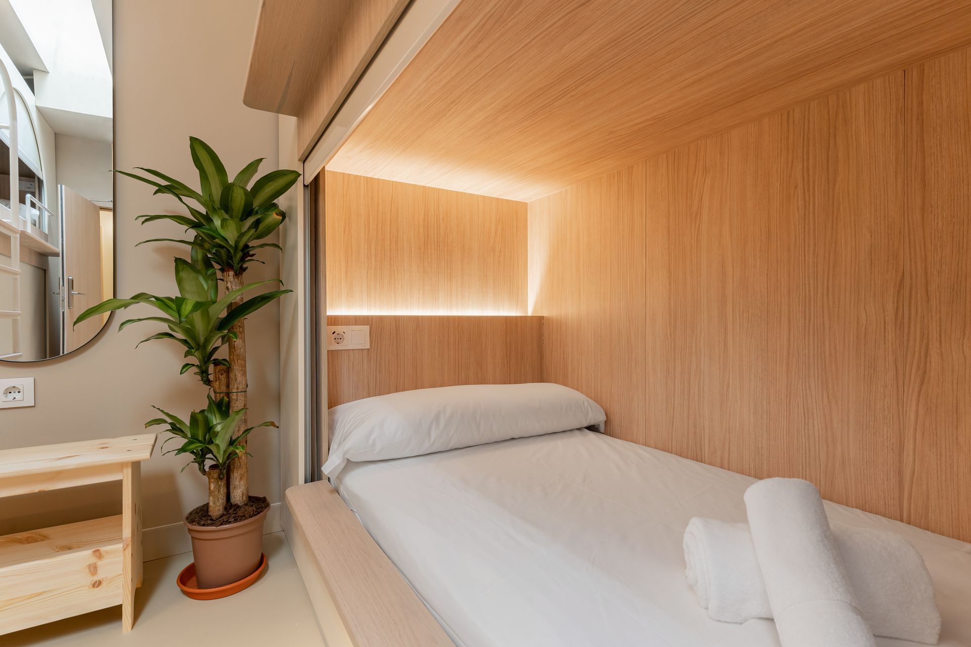 Acogedora habitación pequeña con una cama individual, paredes revestidas de madera y una planta en maceta junto a la ventana.