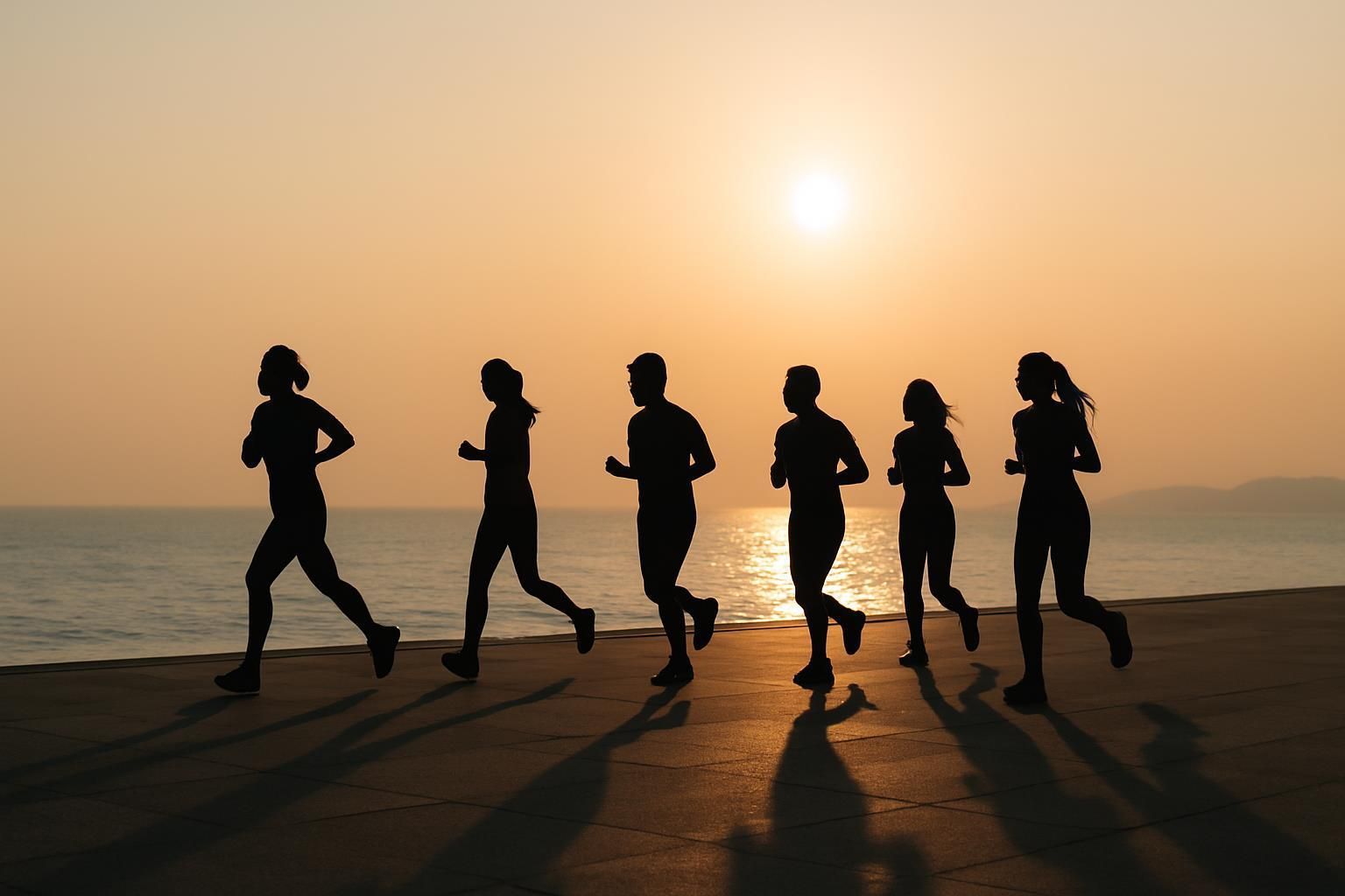 Siluetas de cinco corredores en una playa al atardecer, con el sol reflejándose en el agua.