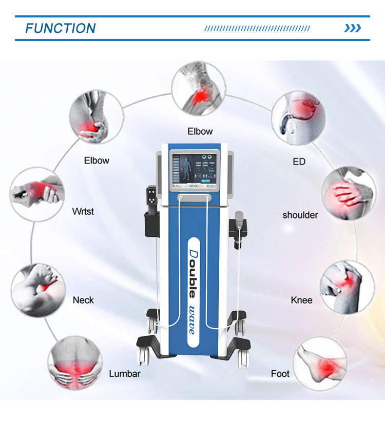 Medical device with pain location icons: elbow, wrist, neck, lumbar, foot, knee, shoulder. Central control panel.