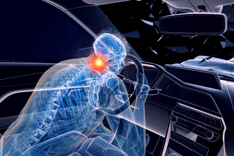 X-ray-like view of driver in car experiencing neck pain after a car accident.